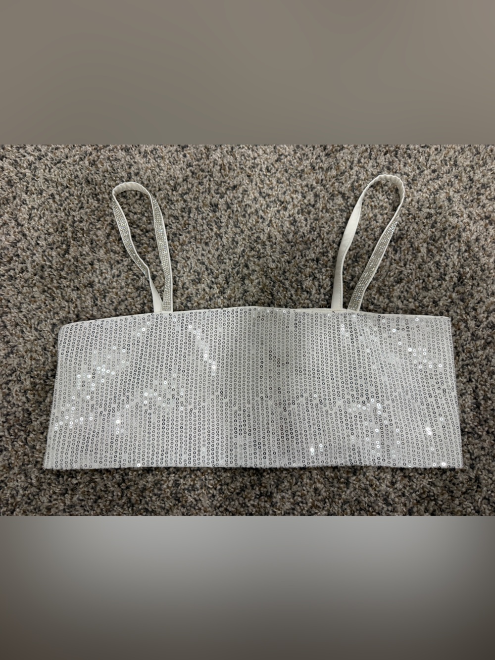SHEIN White Sequin Crop Top with Rhinestone Straps